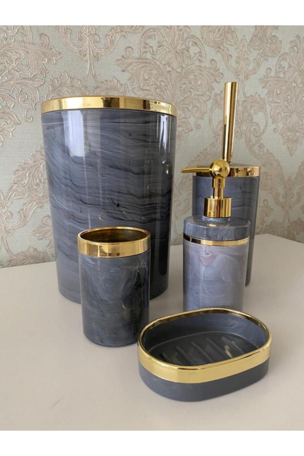 5 Teil Marmor Muster Bad Set / PVC-Bürste, Flüssigkeit - Solide Seife, Mülleimer, Zahnbürste - Swordslife