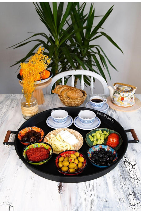 51 Cm Black 37 Cm White 2 Liter Metal Round Tray Presentation Tray Tea Coffee Tray - Swordslife