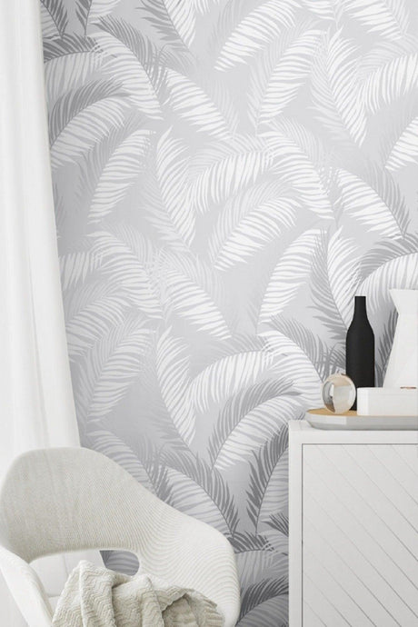 5322 Palm Tropical Flower Silver Cream Gray Wallpaper 5.30 M² - Swordslife