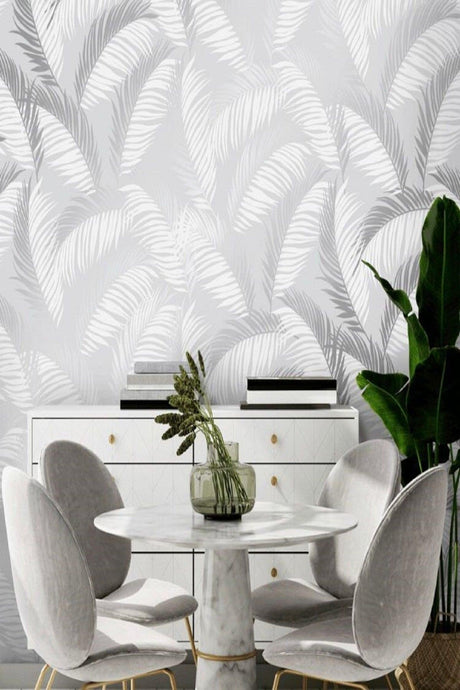 5322 Palm Tropical Flower Silver Cream Gray Wallpaper 5.30 M² - Swordslife