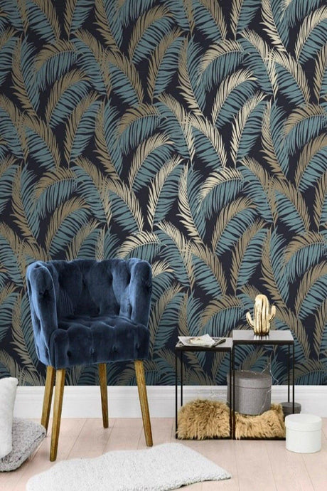 5323 Palm Tropical Flower Gold Blue Parlement Navy Blue Wallpaper 5,30 M² - Swordslife