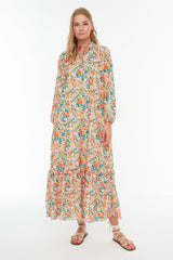 Orange Floral Half Pat Skirt Frilly Wide Pattern Woven Dress TCTSS21EL3353 - Swordslife