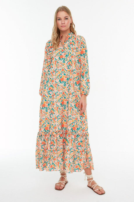 Orange Floral Half Pat Skirt Frilly Wide Pattern Woven Dress TCTSS21EL3353 - Swordslife