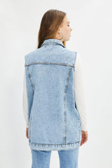 Indigo Shirt Collar Pocket Detailed 100% Cotton Denim Vest Jacket TCTAW22CK0006 - Swordslife