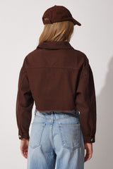 Women's Dark Brown Tasseled Crop Jean Jacket OK00036 - Swordslife