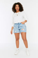 Blue High Waist Destroyed Denim Shorts & Bermuda TBBSS22SR0165 - Swordslife