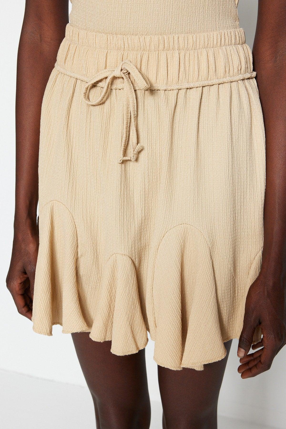 Beige Skirt Frilled Normal Waist Crepe Mini Knitted Skirt TWOSS21ET0056 - Swordslife
