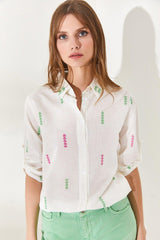 Women's Arrow Green Pink Sleeve Fold Linen Shirt GML-19000825 - Swordslife