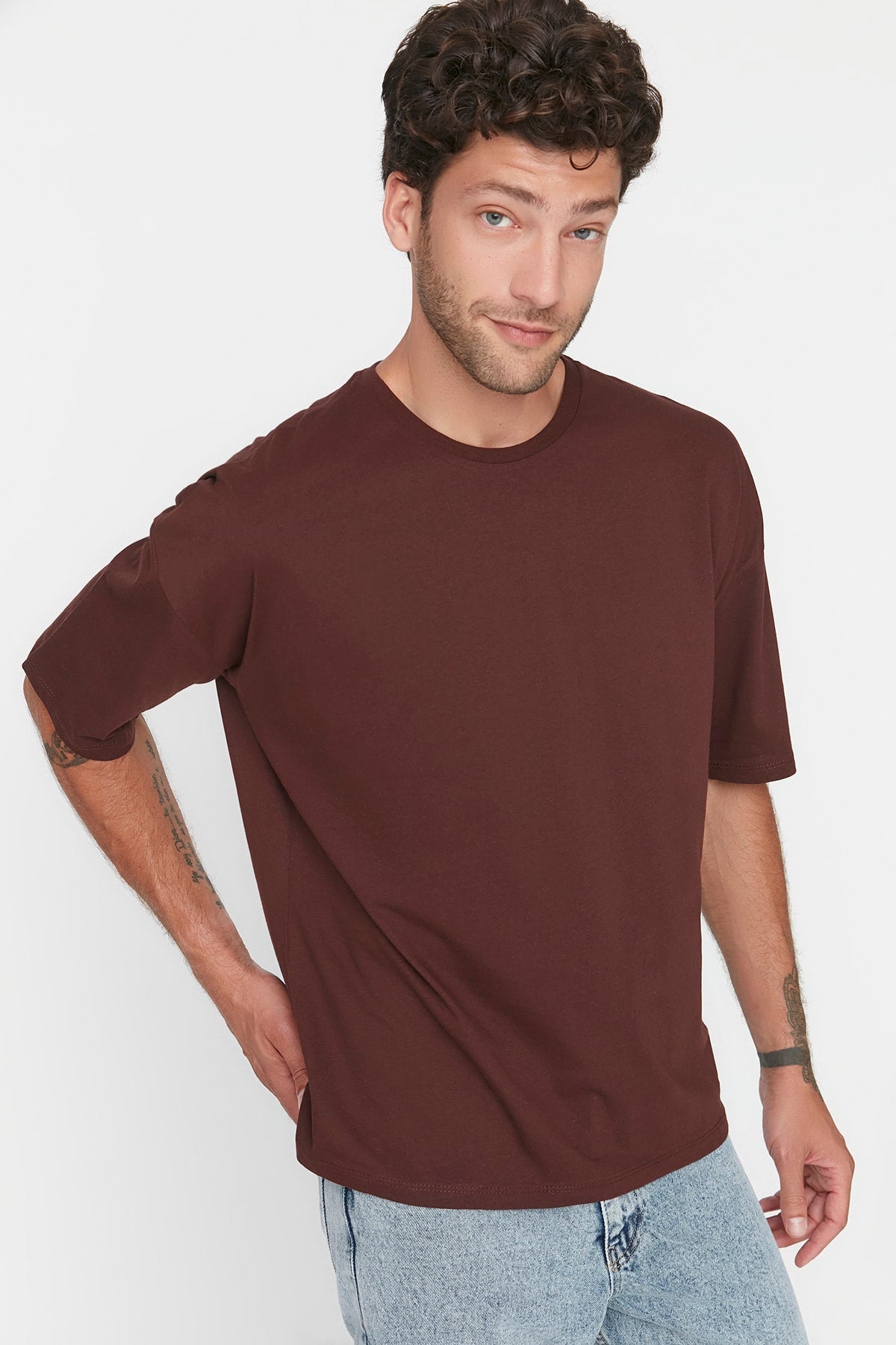 Braunes Herren-Basic-T-Shirt mit Rundhalsausschnitt, Oversize, kurzärmelig, 100 % Baumwolle