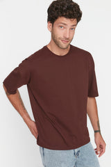 Brown Men's Basic 100% Cotton Crew Neck Oversize Short Sleeved T-Shirt