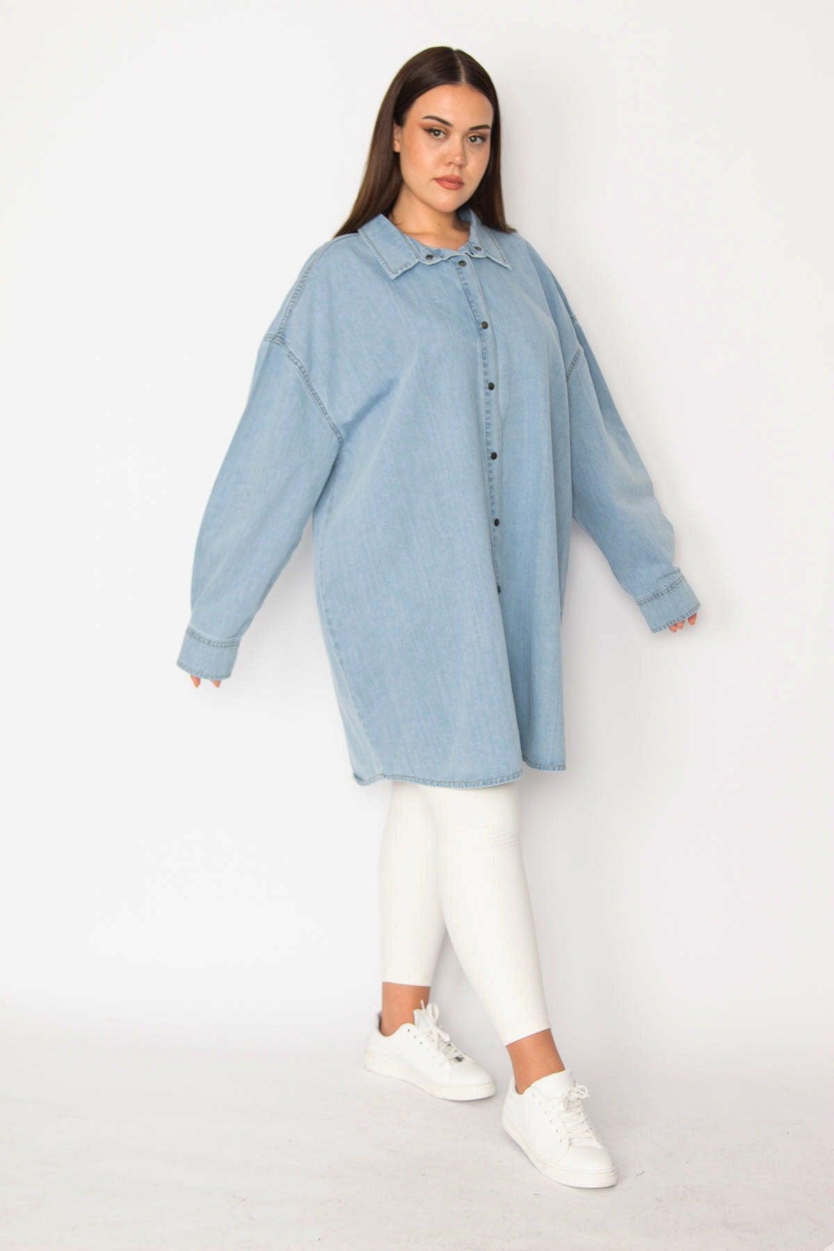 Women's Large Size Blue Loose Cut Snap Button Oversize Denim Tunic Jacket 65n28047 - Swordslife