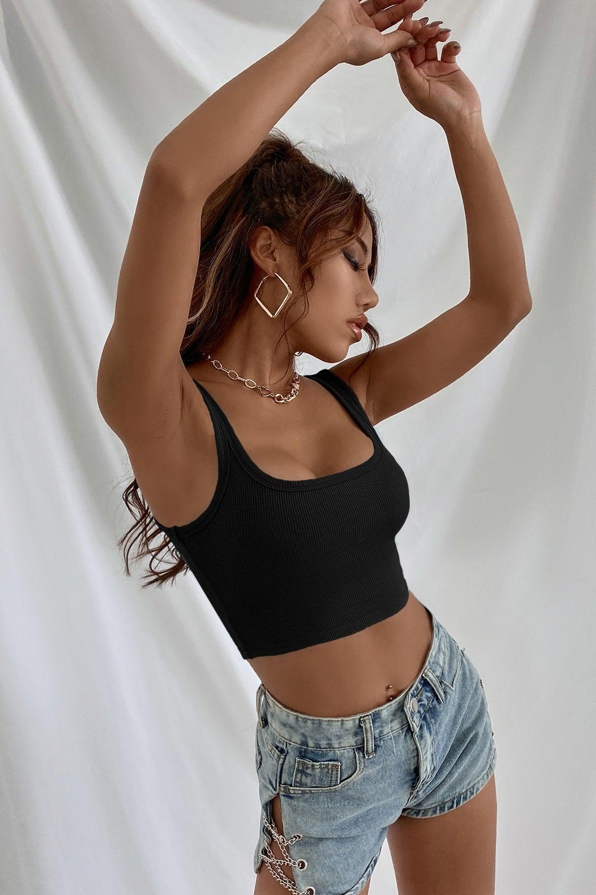 Women's Black Strap Crop Top Blouse - Swordslife