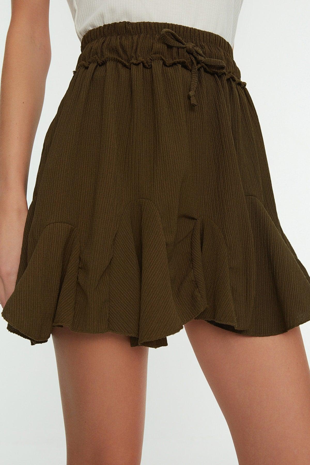 Khaki Skirt Frilly Normal Waist Crepe Mini Knitted Skirt TWOSS21ET0056 - Swordslife