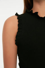 Black Crew Neck Ruffle Detailed Fitted Midi Smart Knitted Dress TWOSS22EL1569 - Swordslife