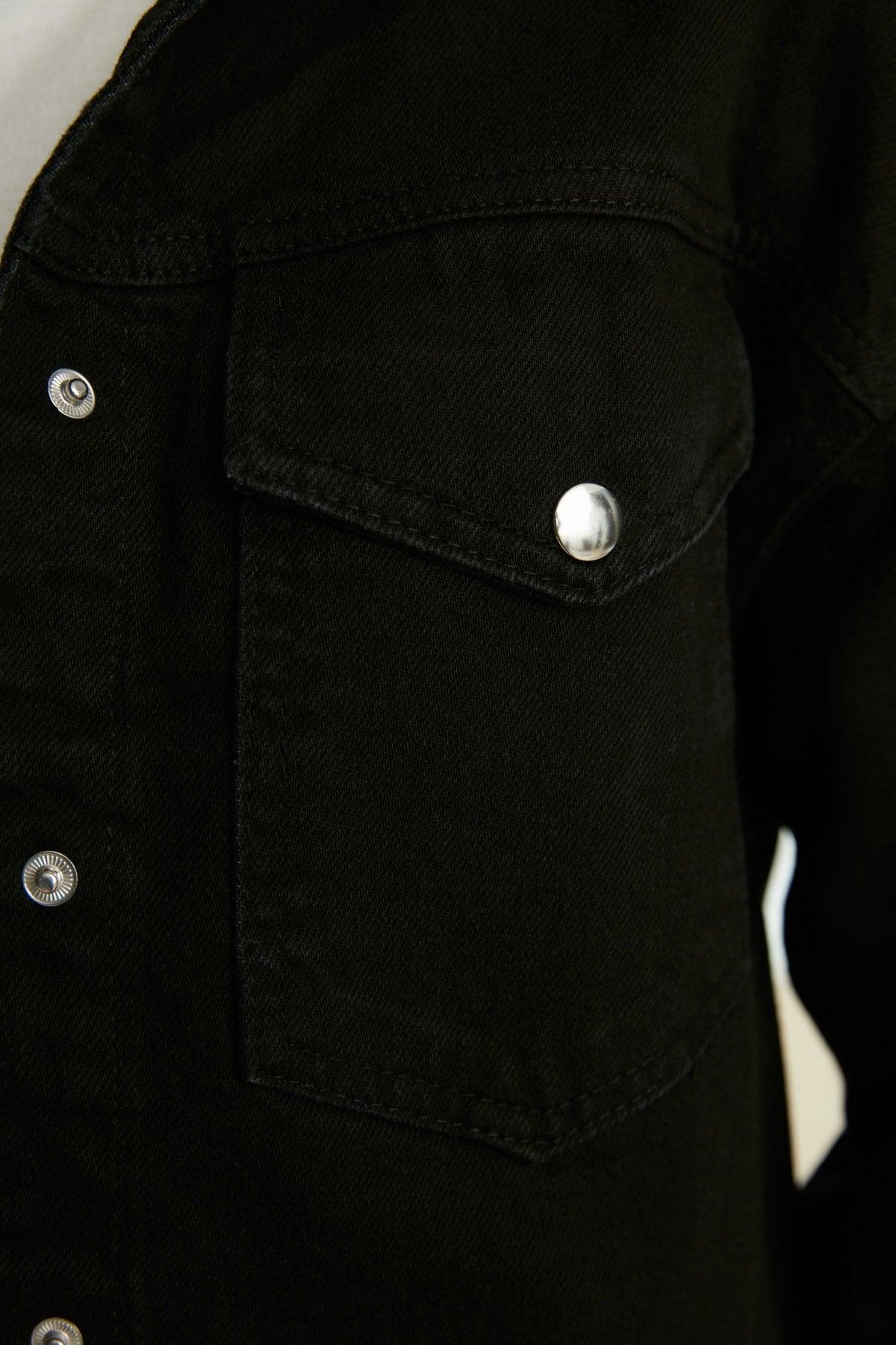 Black Shirt Collar Denim Jacket TCTSS21CE0398 - Swordslife