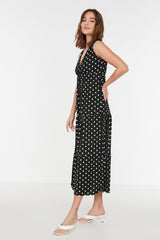 Black Floral Pattern V Neck Sleeveless A-Line Maxi Knitted Dress TWOSS22EL1588 - Swordslife