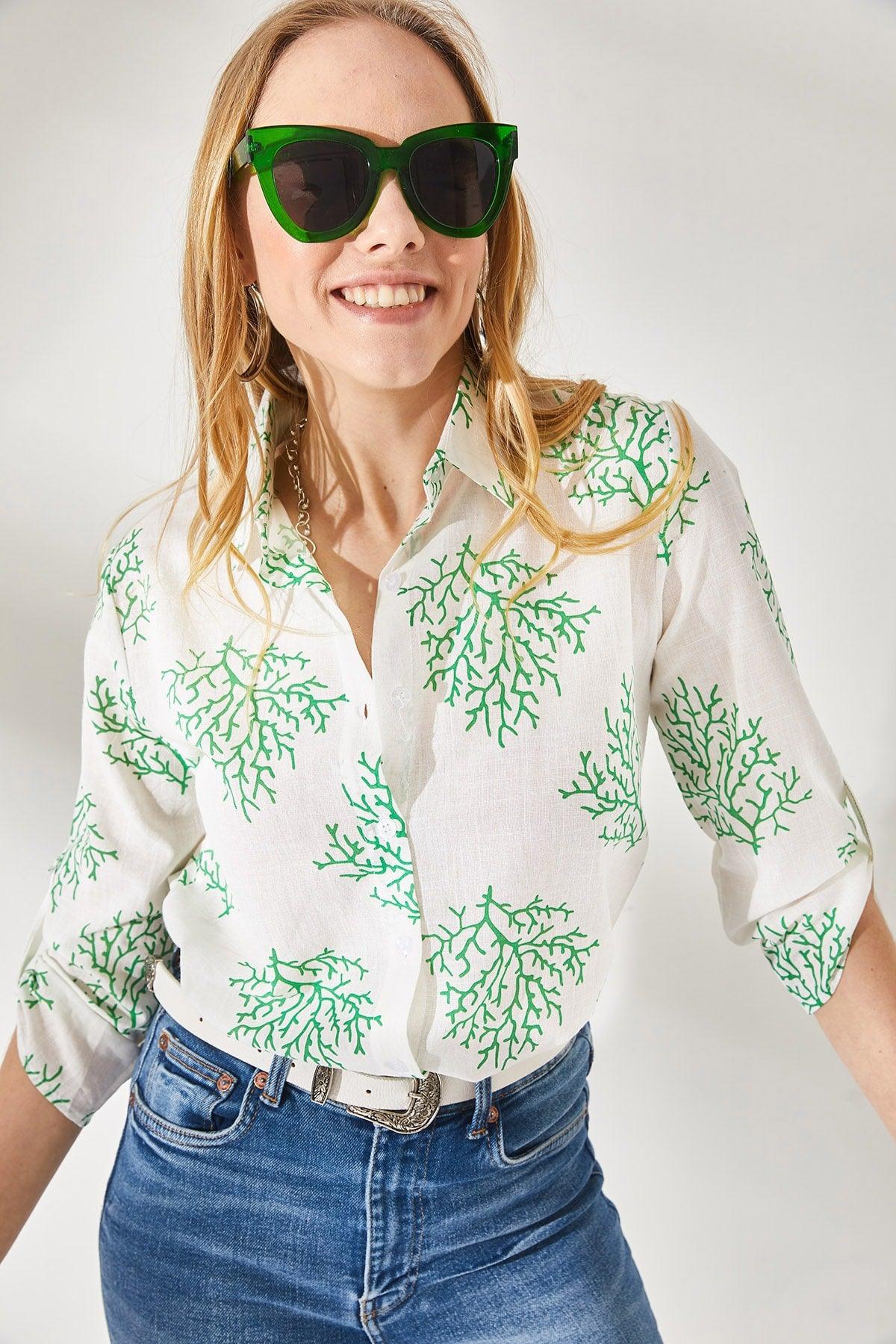 Women's Bush Green Sleeve Fold Linen Shirt GML-19000825 - Swordslife