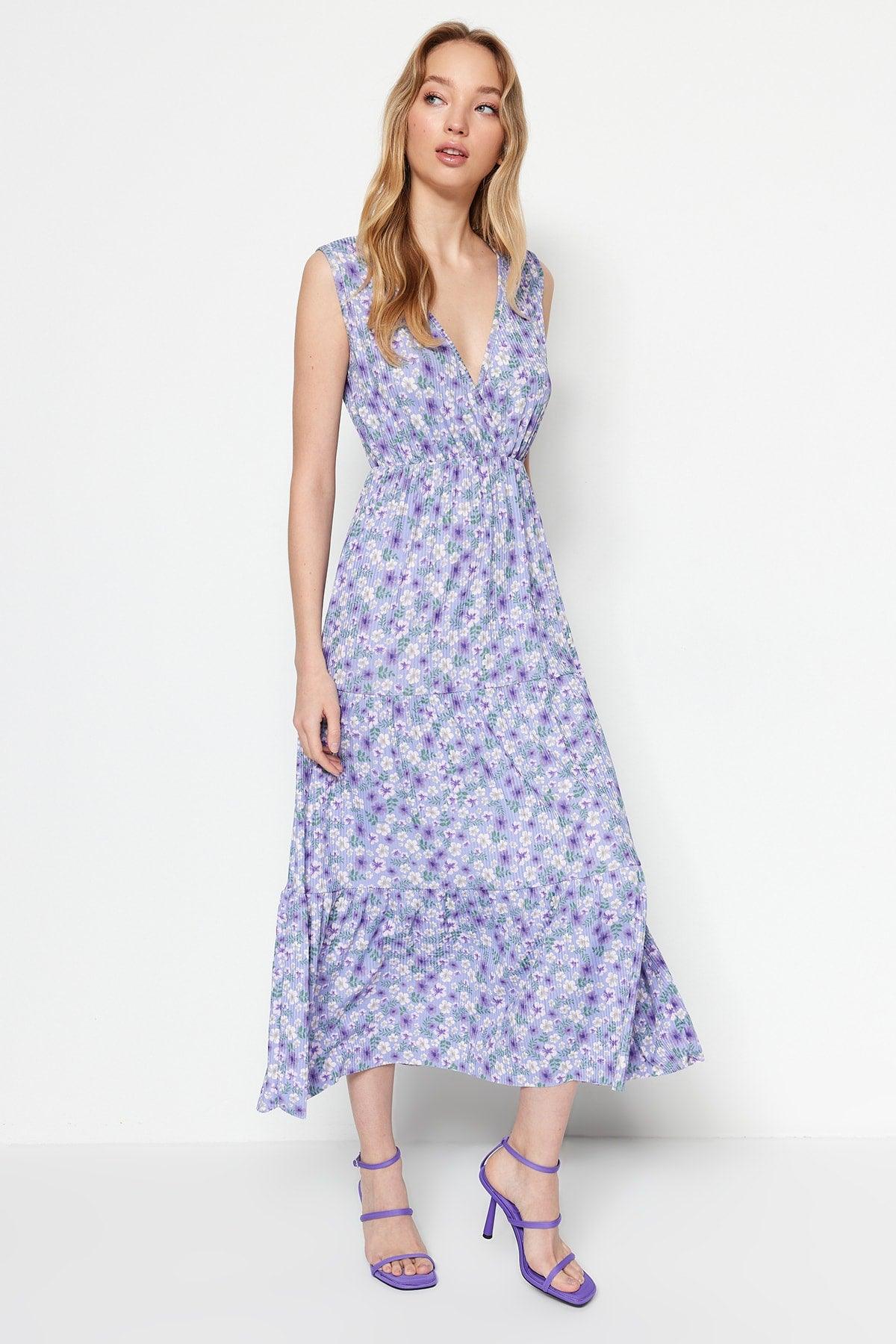 Purple Floral Pattern V Neck Sleeveless A-Line Maxi Knitted Dress TWOSS22EL1588 - Swordslife