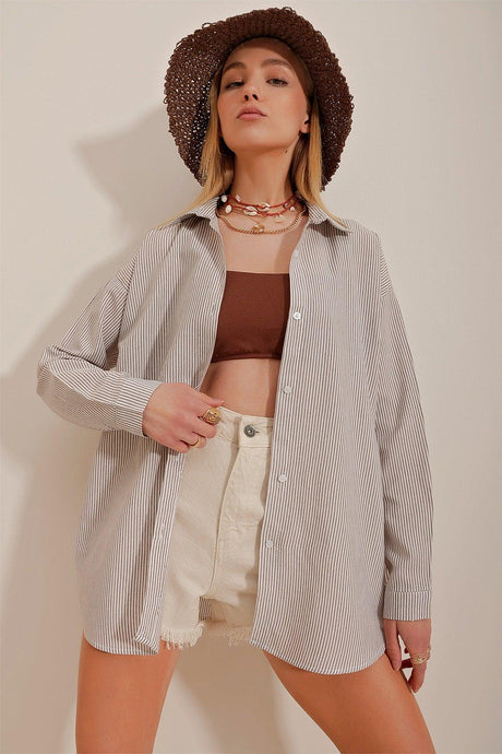Women's Brown Striped Oversize Shirt ALC-X10232 - Swordslife