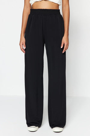Black Wide Leg/Comfort Fit High Waist Elastic Knitted Trousers TWOSS23PL00129 - Swordslife