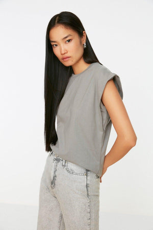 Gray 100% Cotton Wadding Look Basic Crew Neck Knitted T-Shirt TWOSS20TS0021 - Swordslife