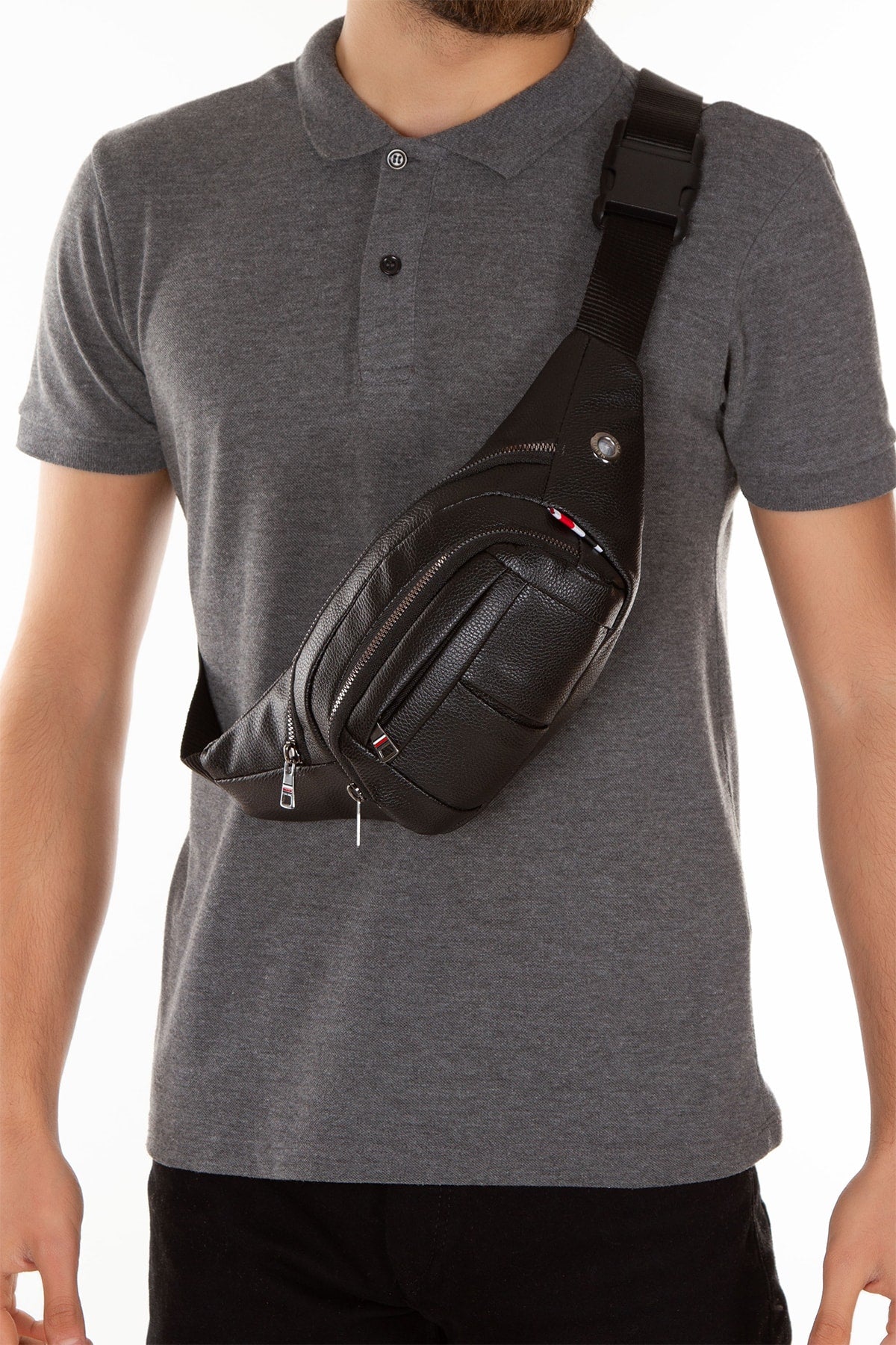 Men'S Leather Headphone Outlet Waterproof Cross Shoulder And Waist Bag (Daily Use Black Color)