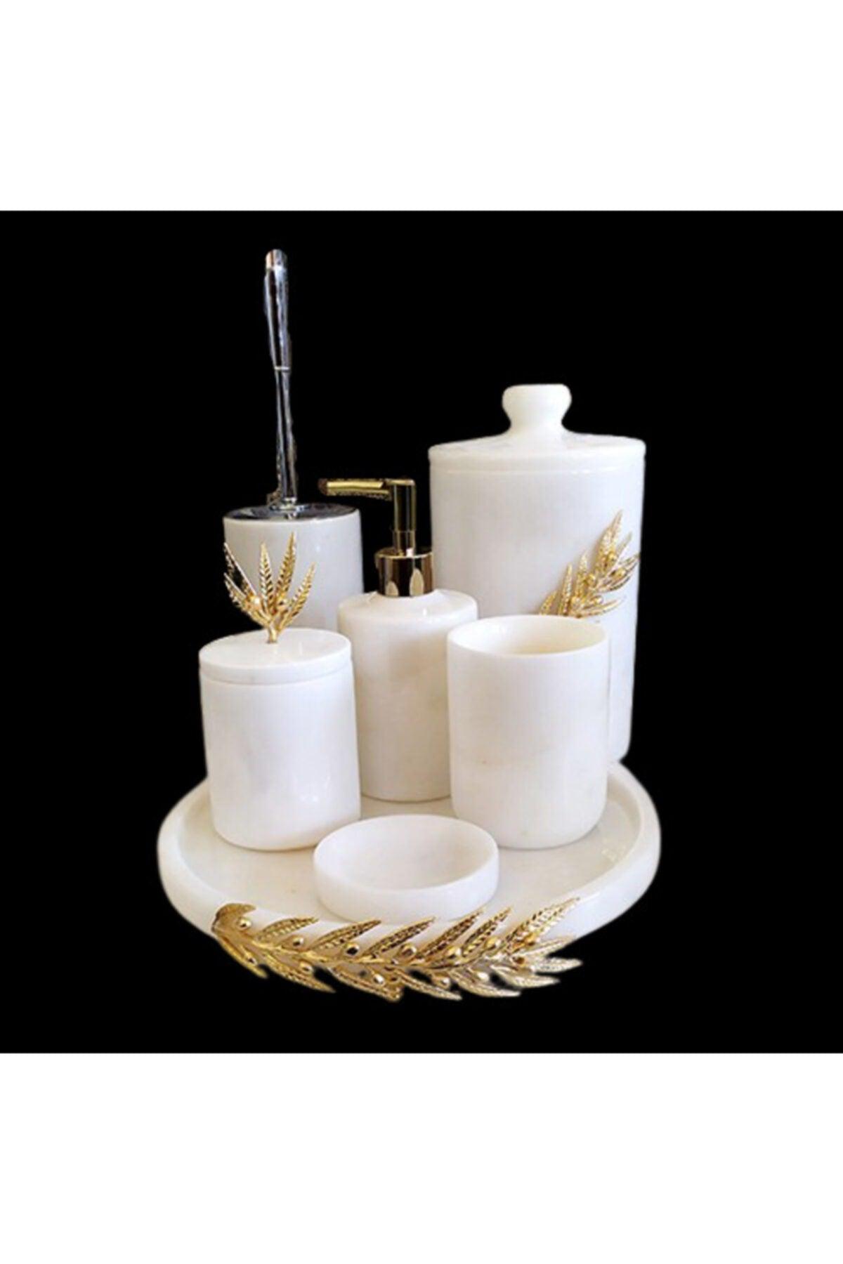 Decorative White Marble Gold Olive Branch Detailed 7 Pcs Bathroom Set Set - Swordslife