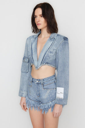 X Sagaza Studio Blue Stone Accessory Detailed Crop Denim Jacket TCLSS23CE00004 - Swordslife