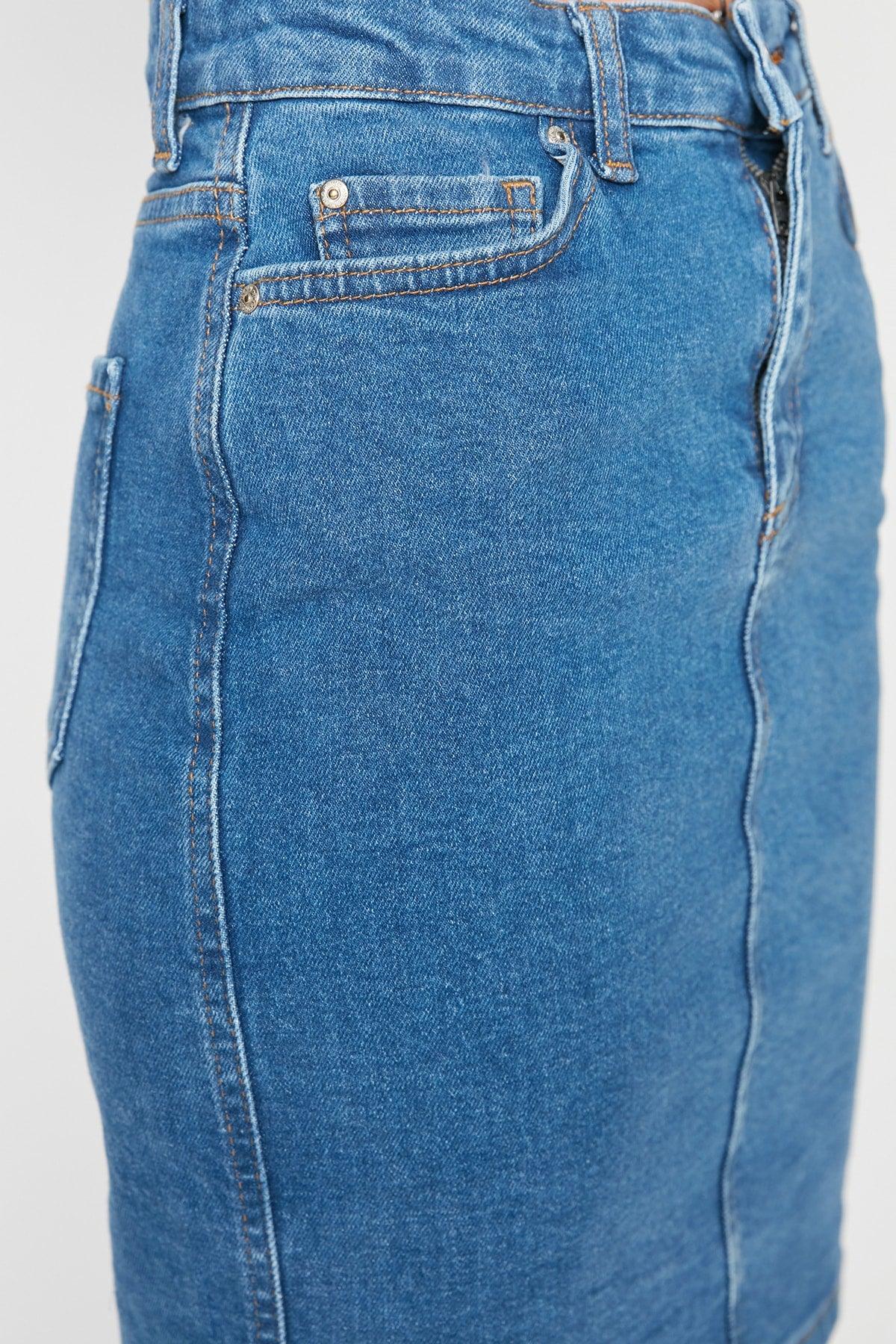 Blue Basic Stitching Detail Normal Waist Mini Denim Skirt TWOSS20ET0241 - Swordslife