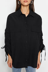 Black Adjustable Ruffle Detailed Woven Cotton Shirt TCTSS23TG00011 - Swordslife