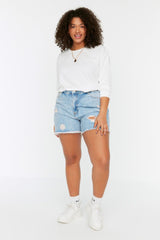 Blue High Waist Destroyed Denim Shorts & Bermuda TBBSS22SR0165 - Swordslife