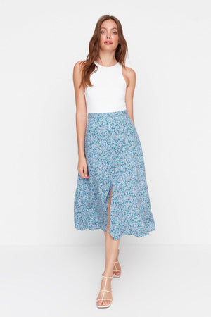 Blue Midi Woven Slit Detailed Viscose Fabric Floral Patterned Skirt TWOSS20ET0230 - Swordslife