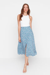 Blue Midi Woven Slit Detailed Viscose Fabric Floral Patterned Skirt TWOSS20ET0230 - Swordslife