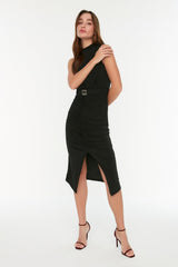 Black Fitted/ Fitted Sleeveless Draped Detailed Belted Midi Stretch Knitted Dress TWOSS22EL0756 - Swordslife