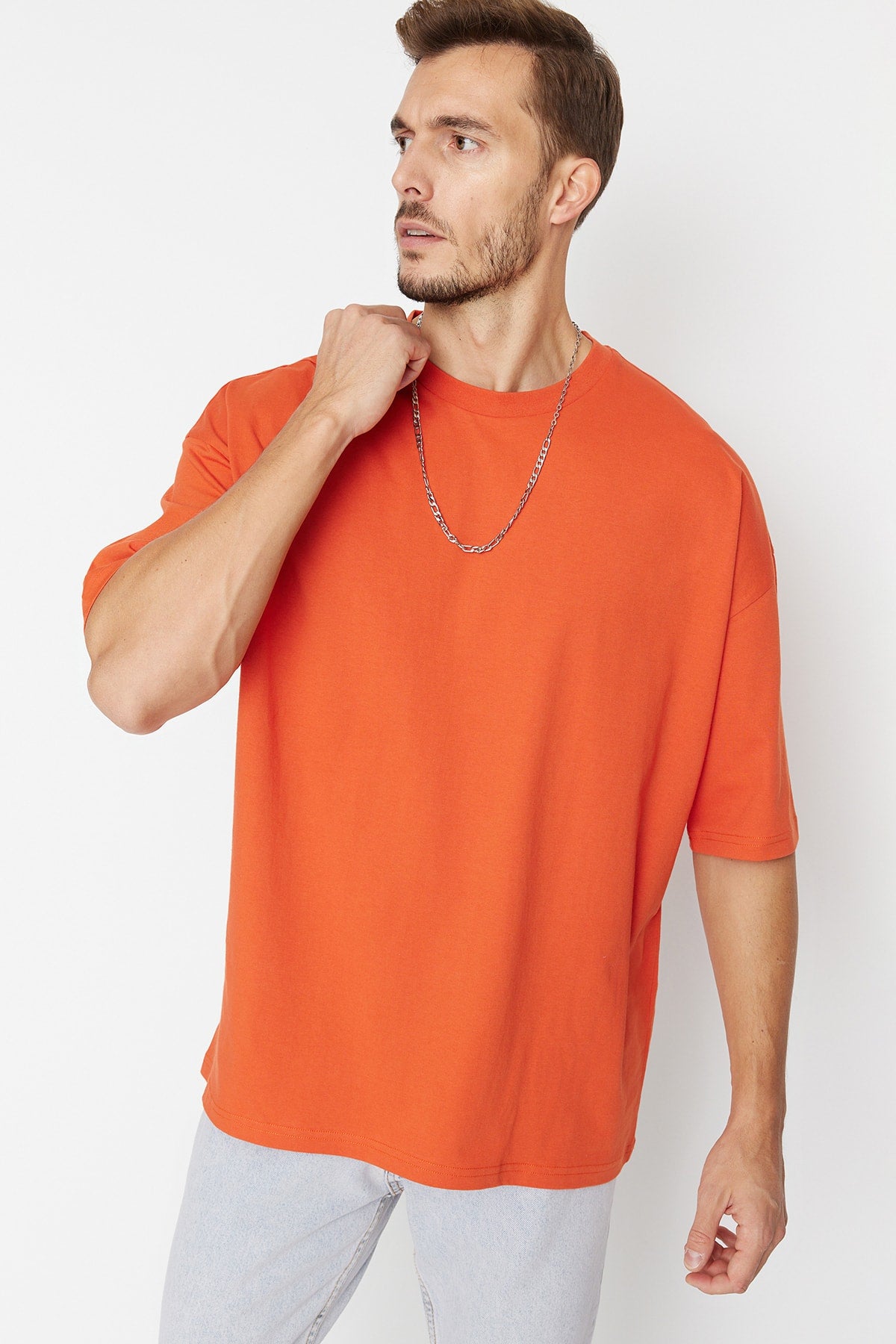 Orange Men's Basic 100% Cotton Crew Neck Oversize Short Sleeve T-Shirt TMNSS22TS0318