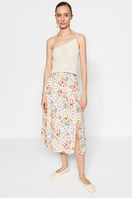 Ecru Midi Woven Slit Detailed Floral Patterned Skirt TWOSS20ET0230 - Swordslife