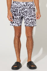 Men's White-black Standard Fit Regular Fit Side Pockets Patterned Swimwear Marine Shorts