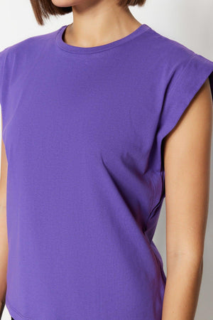 Dark Purple 100% Cotton Wadding Look Basic Crew Neck Knitted T-Shirt TWOSS20TS0021 - Swordslife