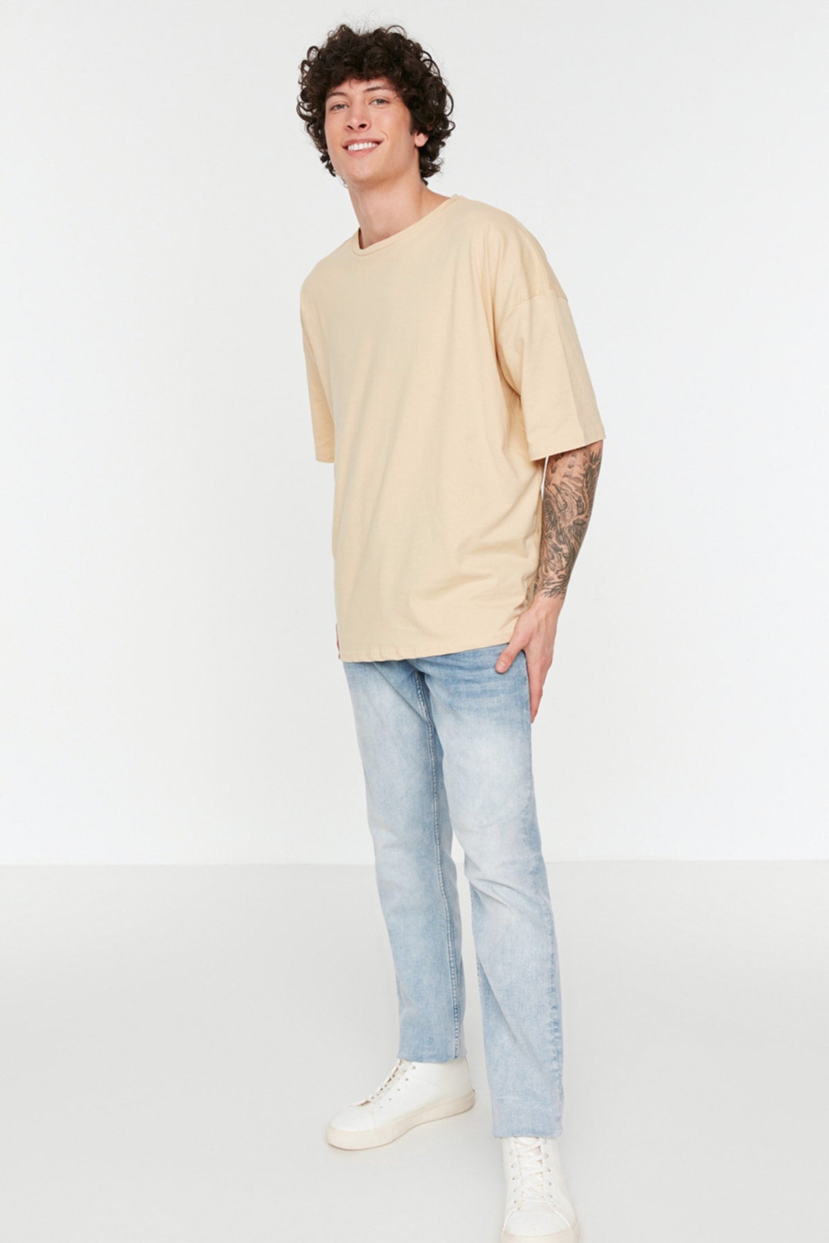 Beige Herren Basic 100% Baumwolle Rundhals Oversize Kurzarm T-Shirt Tmnss22Ts0318