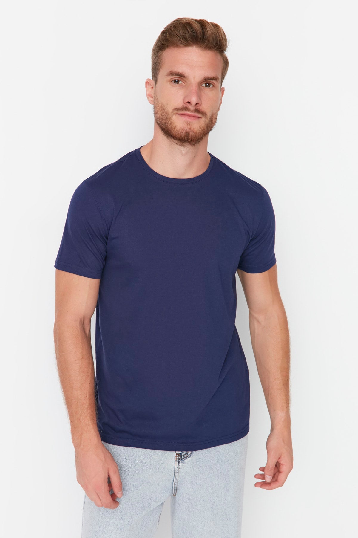 Navy Blue Men's Basic Regular/Normal Fit Crew Neck Short Sleeved T-Shirt