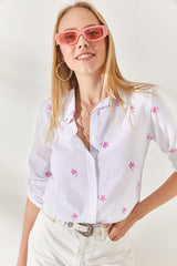 Mini Ecru Fuchsia Sleeve Fold Linen Shirt GML-19000825 - Swordslife