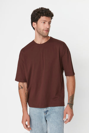 Braunes Herren-Basic-T-Shirt mit Rundhalsausschnitt, Oversize, kurzärmelig, 100 % Baumwolle