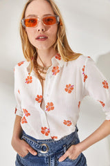 Women's Daisy Orange Sleeve Fold Linen Shirt GML-19000825 - Swordslife