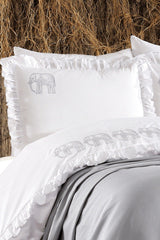 7-Piece Elephant Patterned Amazonian Double Cotton Gray Duvet Cover Set With Frills And Pique Bedspread - Swordslife