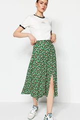 Dark Emerald Green Woven Slit Detailed Viscose Fabric Floral Patterned Skirt TWOSS20ET0230 - Swordslife