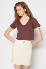 Brown 100% Cotton Crop V-Neck Knitted T-Shirt TWOSS22TS0551 - Swordslife