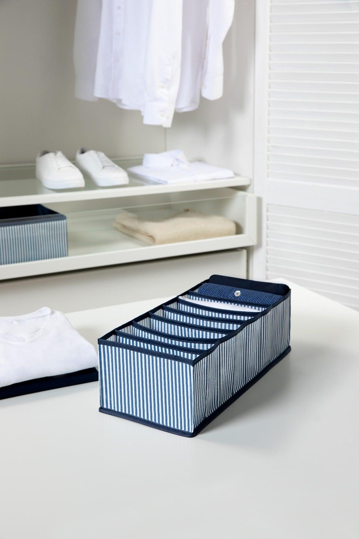 8 Compartment Dark Blue Striped Drawer Organizer - Swordslife