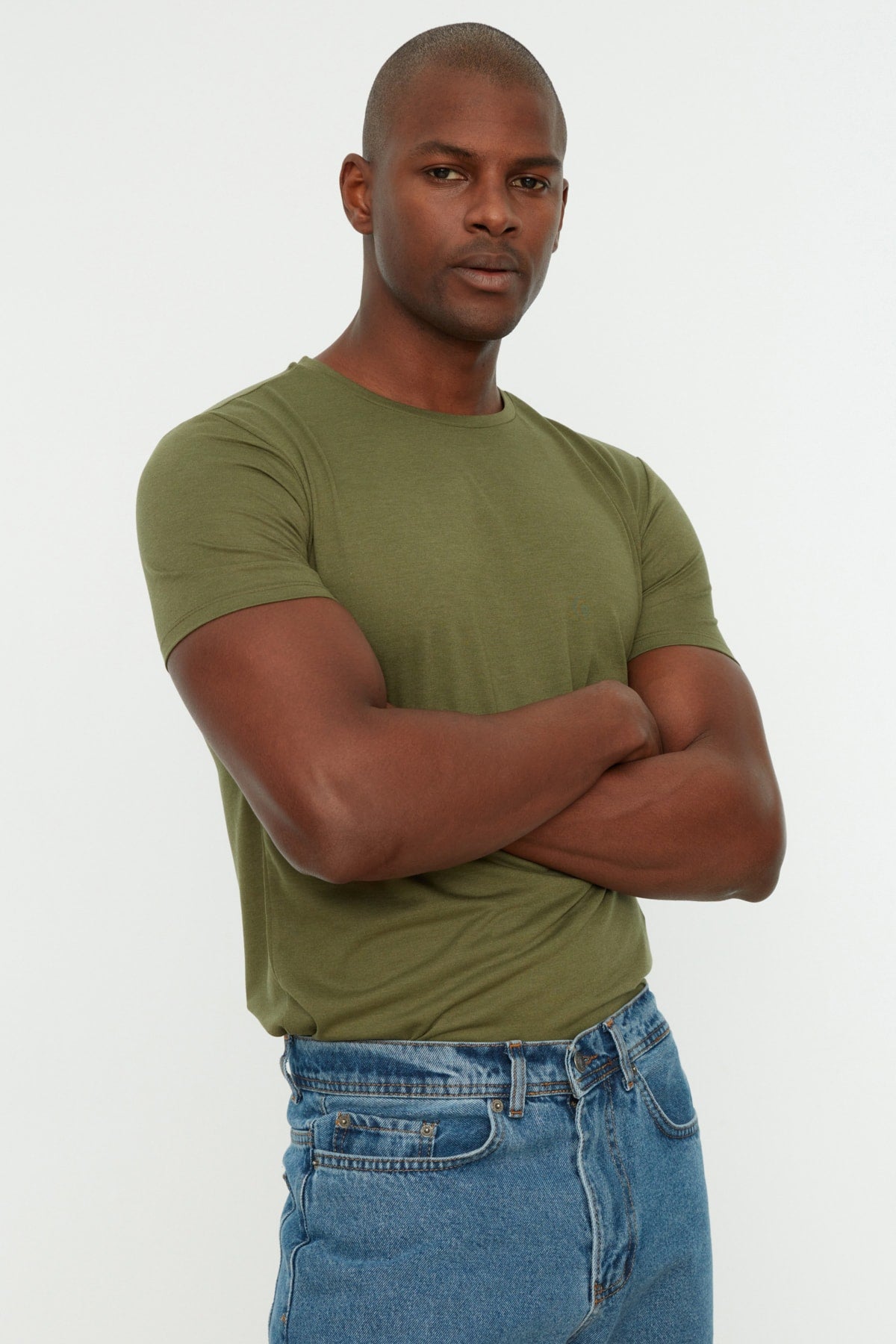 Khaki Herren Basic Slim Rundhals Kurzarm T-Shirt Tmnss22Ts0270