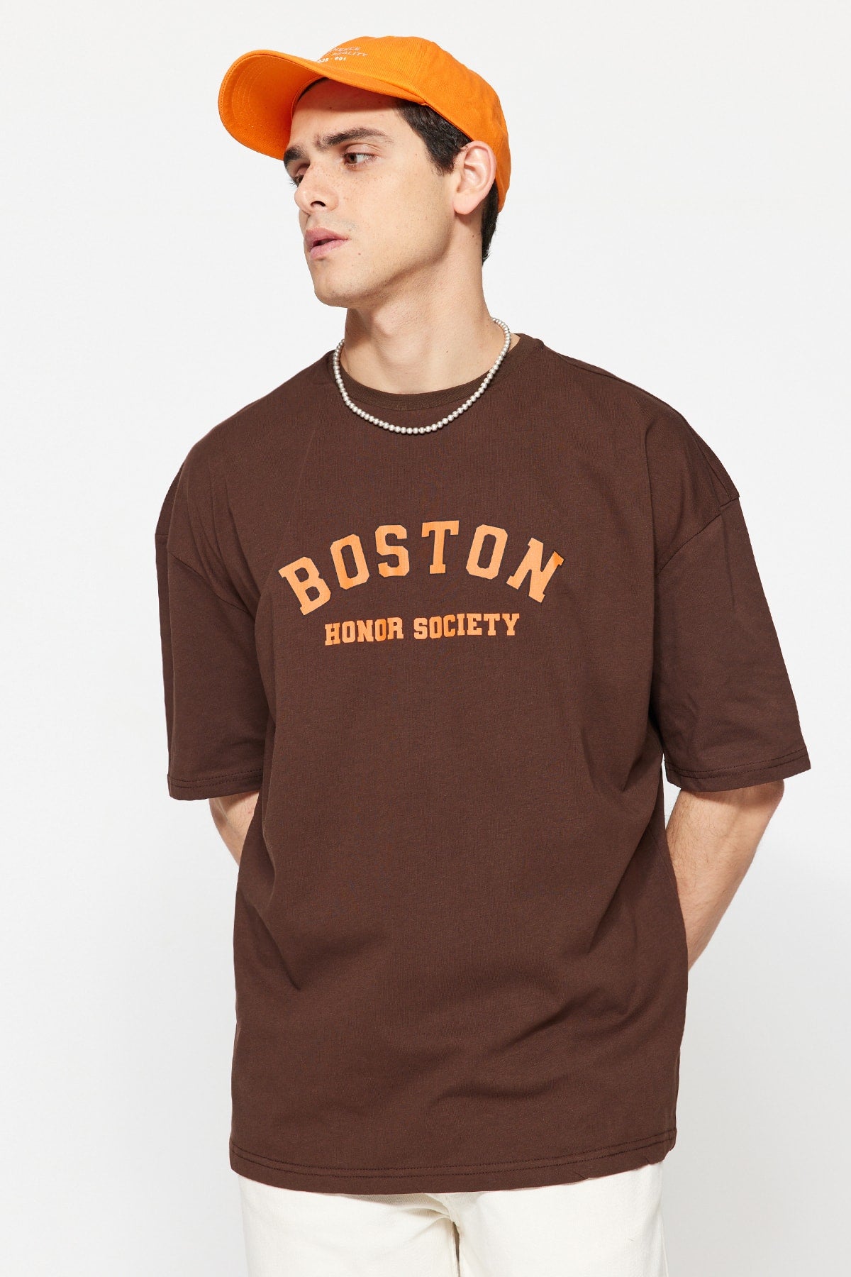 Brown Men's Oversize Crew Neck Short Sleeve City Printed 100% Cotton T-Shirt TMNSS21TS1217