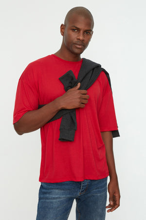 Rotes Herren Basic Rundhals Oversize Kurzarm T-Shirt Tmnss22Ts0300